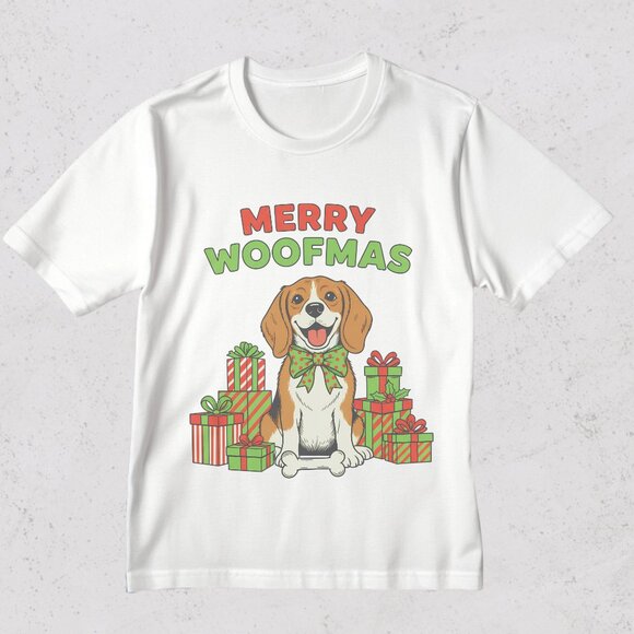 Merry Woofmas Graphic Tee Cute Dog Holiday T-Shirt Gift for Mom Funny Shirt - Picture 4 of 6